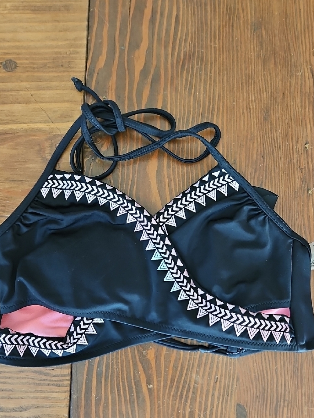 Black Embroidered Halter Swim Top - Women Swim